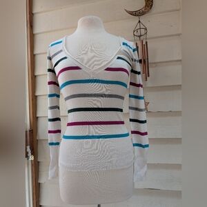 Y2K SO White Long Sleeve Deep V-Neck With Stripes Junior's Size Small